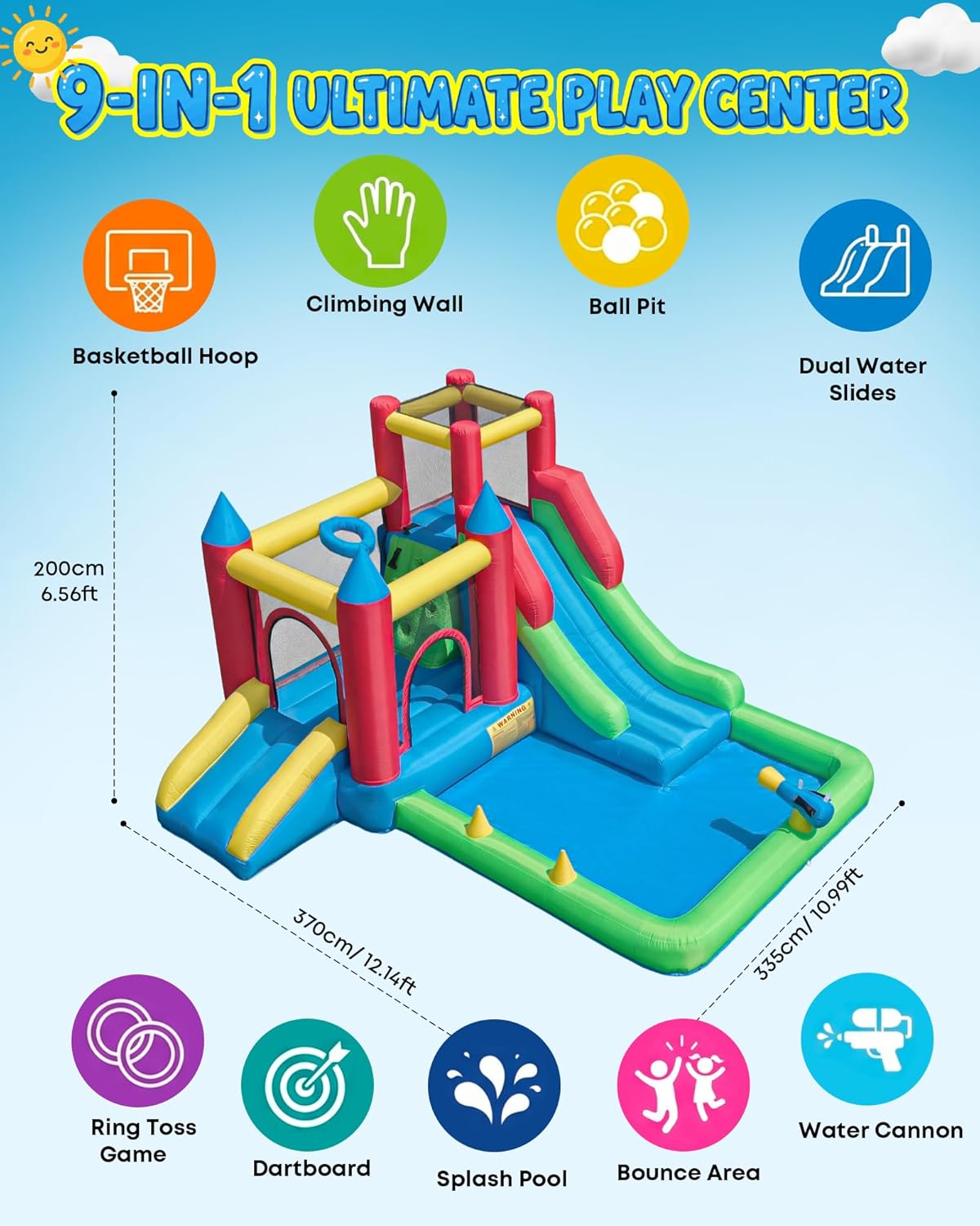 Inflatable Water Slide, 9-in-1 Bounce House for Kids Ages 3–6, Wet or Dry Bouncy Castle with Trampoline, Climbing