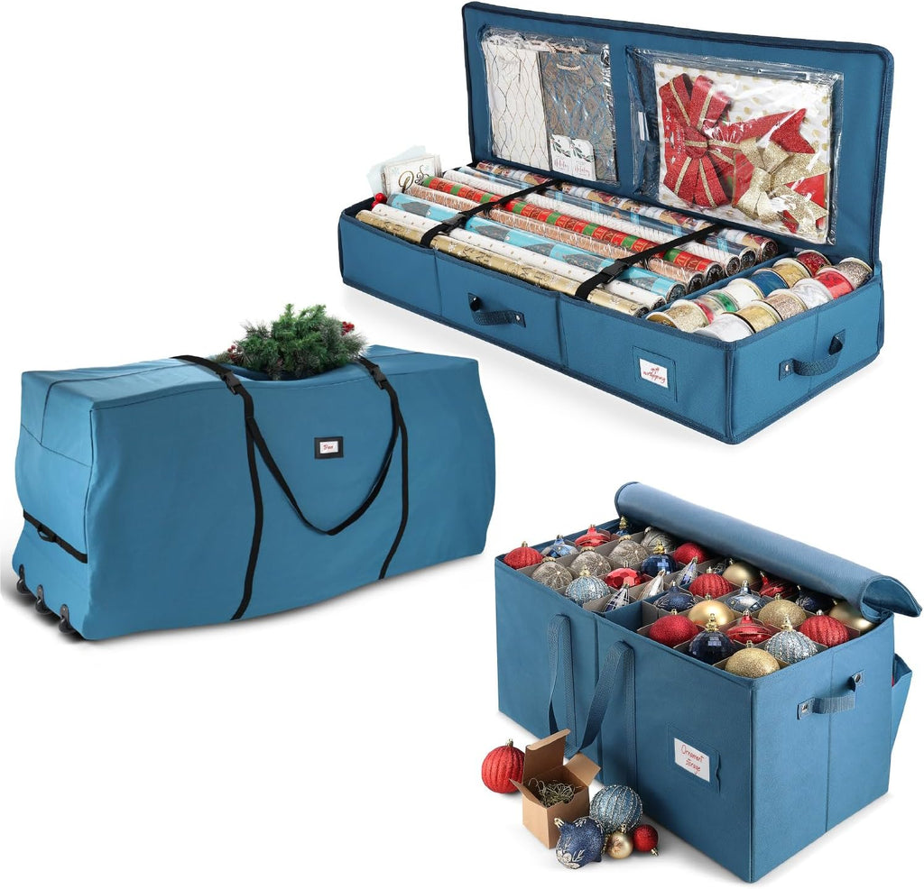 Christmas Tree Storage Bag 7.5 ft, Wrapping Paper Storage Organizer Container & Large Christmas Ornament Storage Box