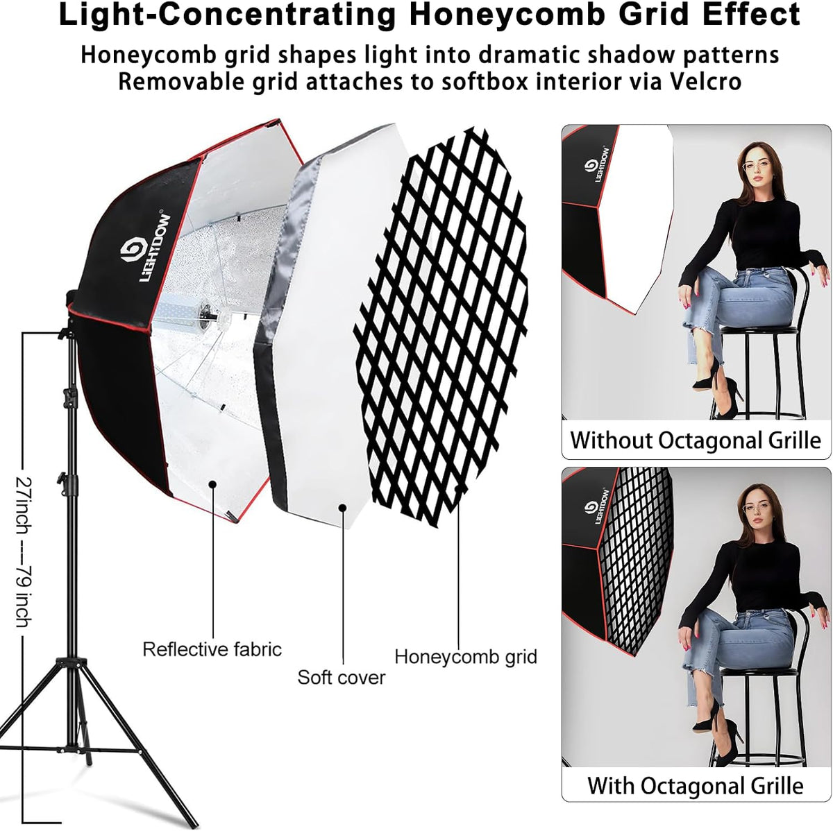 Light Box Photography Lighting Kit:2-Pack 37" Octa Softbox,Honeycomb Grid,110W LED Lamps,RC,Tripod Stands for Studio