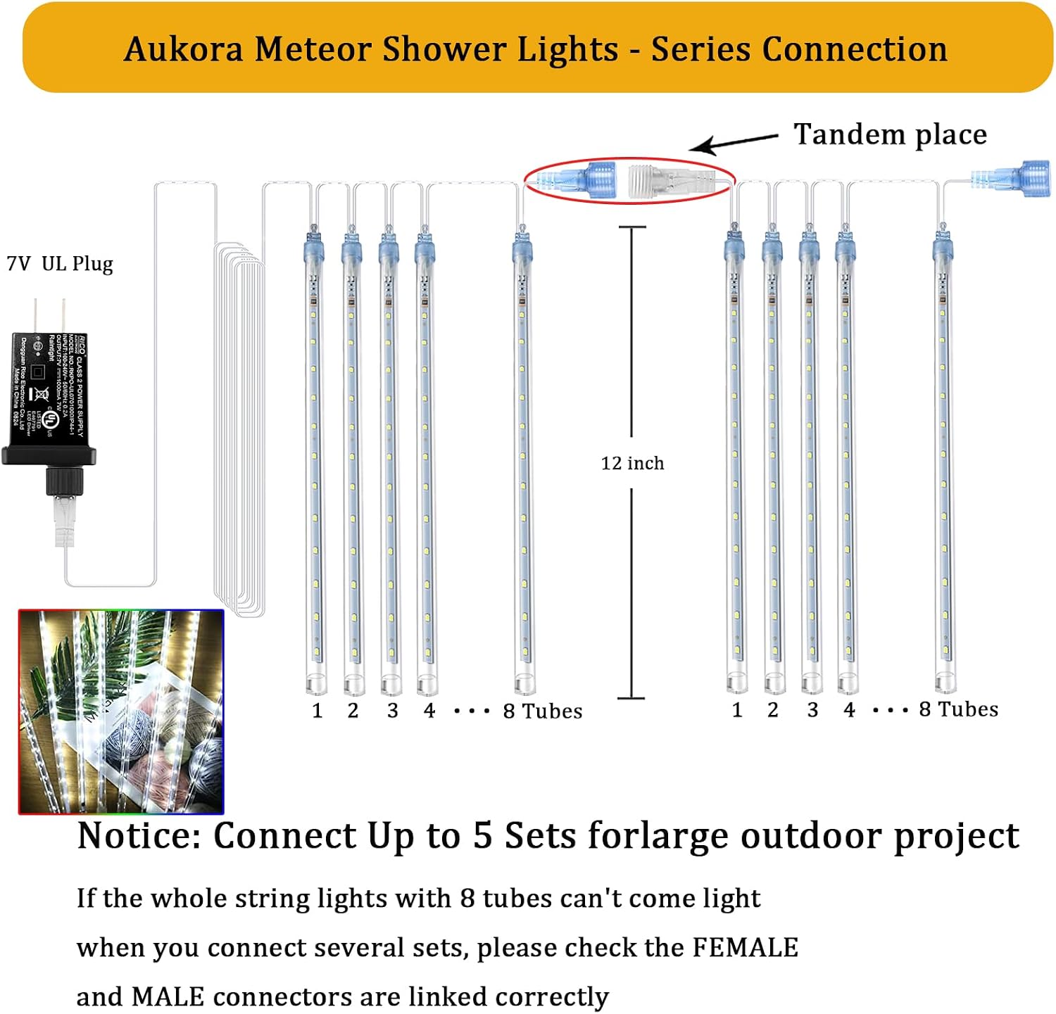 Outdoor Christmas Lights, Meteor Shower Falling Rain String Light | UL Certified Straight Plug 12inch 8 Tubes 192