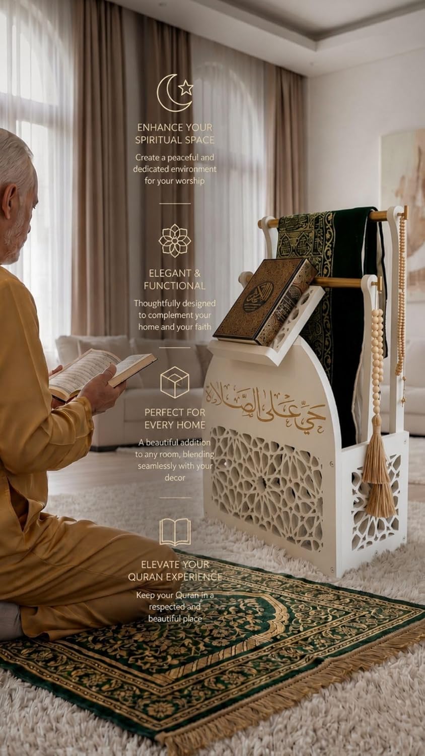 Prayer Mat Holder & Quran Stand – Islamic Storage Organizer for Prayer Rug, Tasbih, Prayer Beads & Quran – Muslim