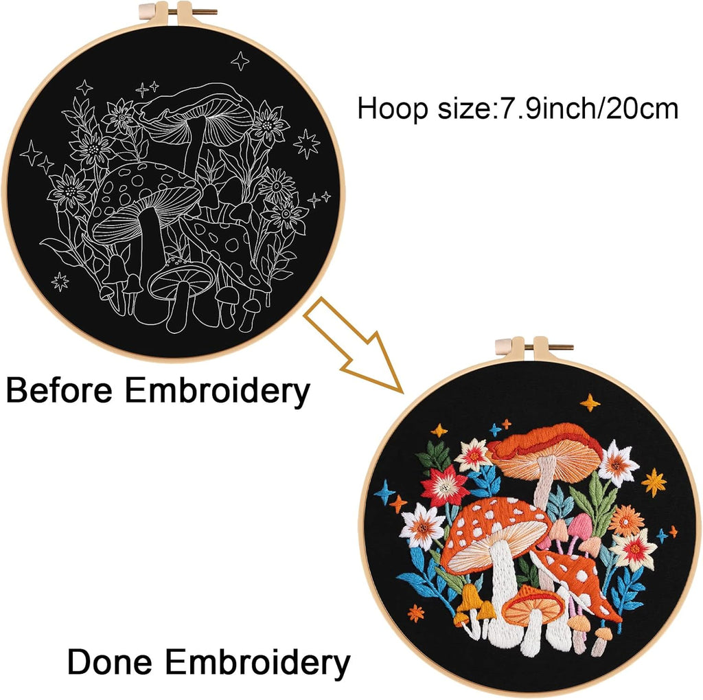 Mushroom Embroidery Kit for Beginners, DIY Adults Needlepoint | All-In-One Cross Stitch Kits with Hoop and Threads.