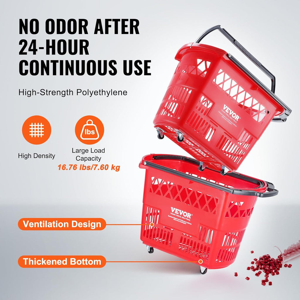 Shopping Carts with Handles, 6PCS, 39L Plastic Rolling Shopping Basket with Wheels, Large Portable Shopping Basket