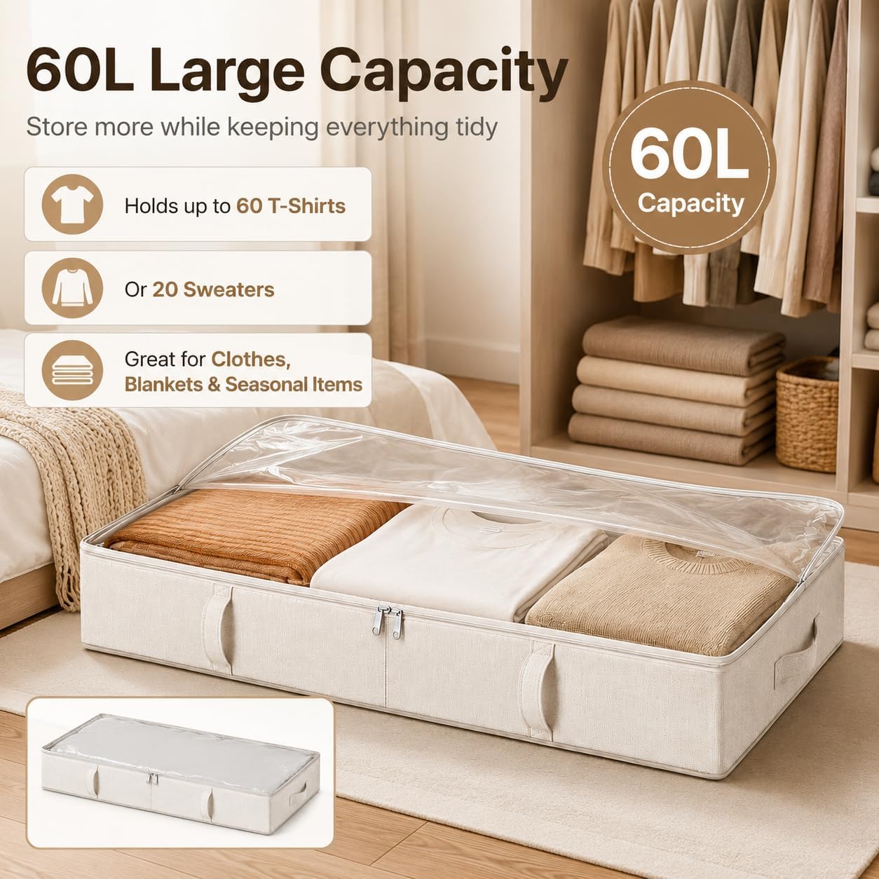 Side-Supported Under Bed Storage Containers, 6 Inches Tall 60L Underbed Storage Bins with Sturdy Handles and