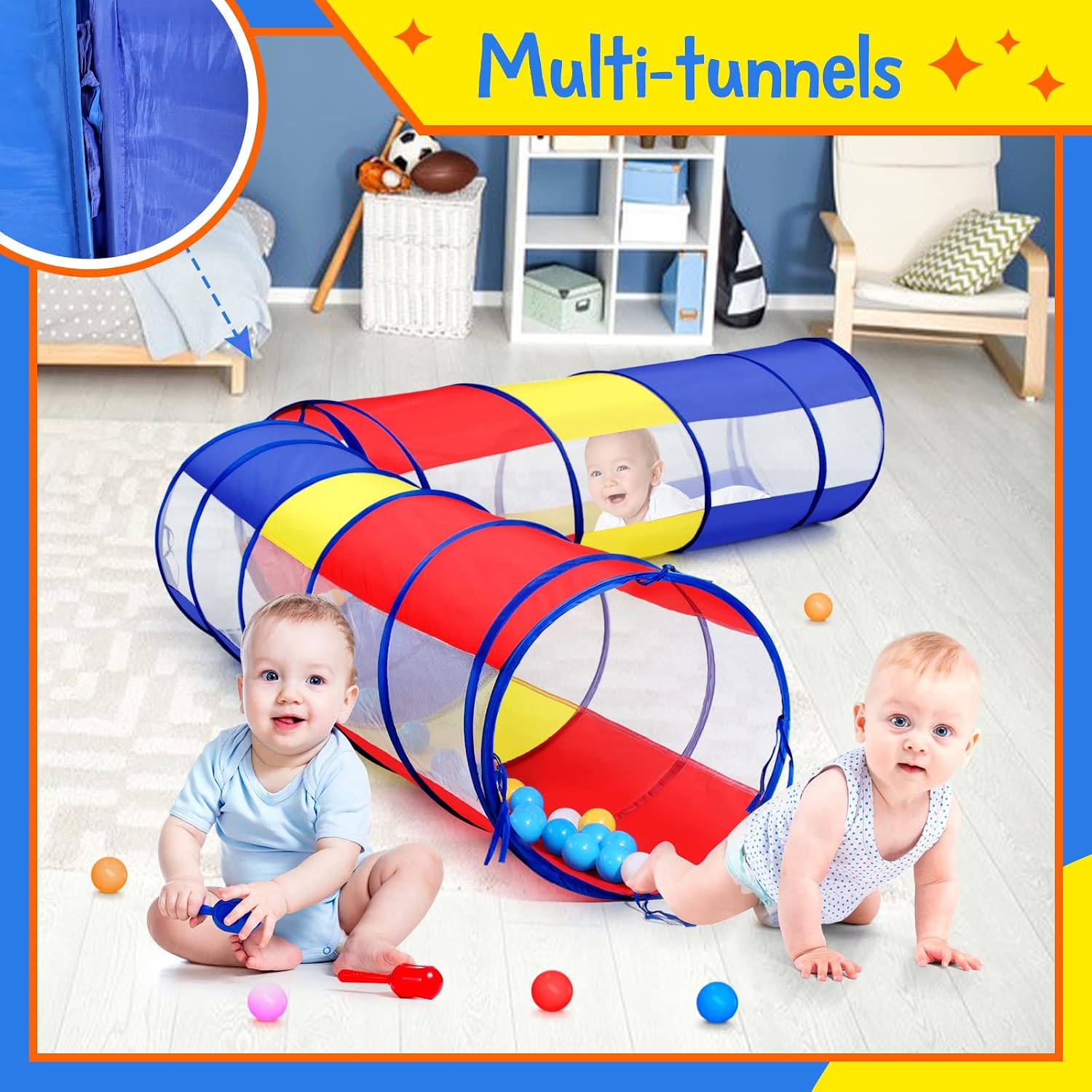 Kids Play Tunnel for Toddlers, Pop Up Crawl Through Tunnel Play Tent for Baby Infant Children or Dog with 2 Mesh