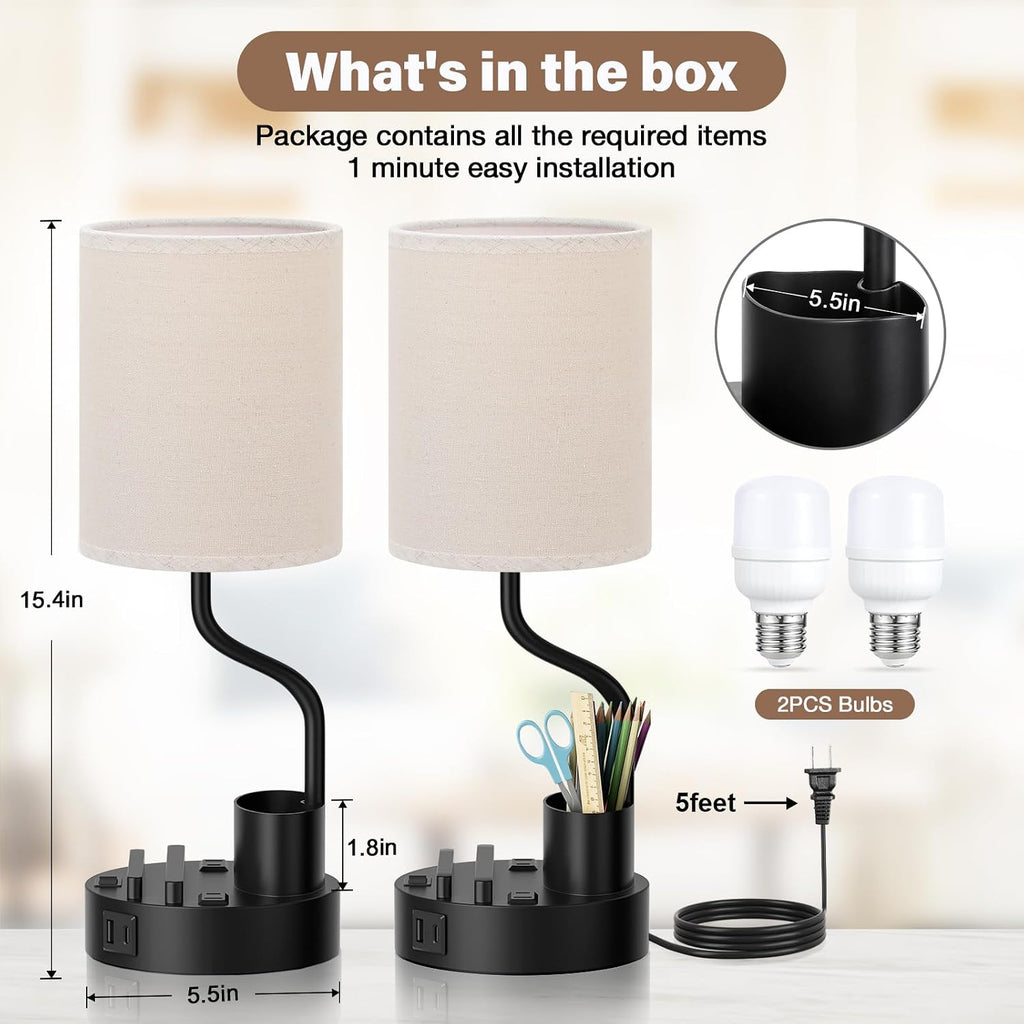 Bedside Lamps for Bedroom Set of 2 - Table Desk Lamp for Nightstand | 15" Table Lamp for Living Room with Pen Holder