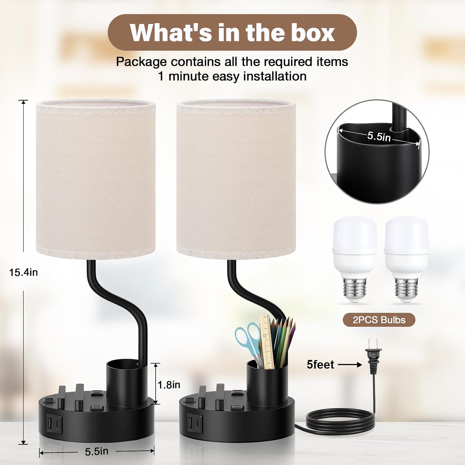 Bedside Lamps for Bedroom Set of 2 - Table Desk Lamp for Nightstand | 15" Table Lamp for Living Room with Pen Holder