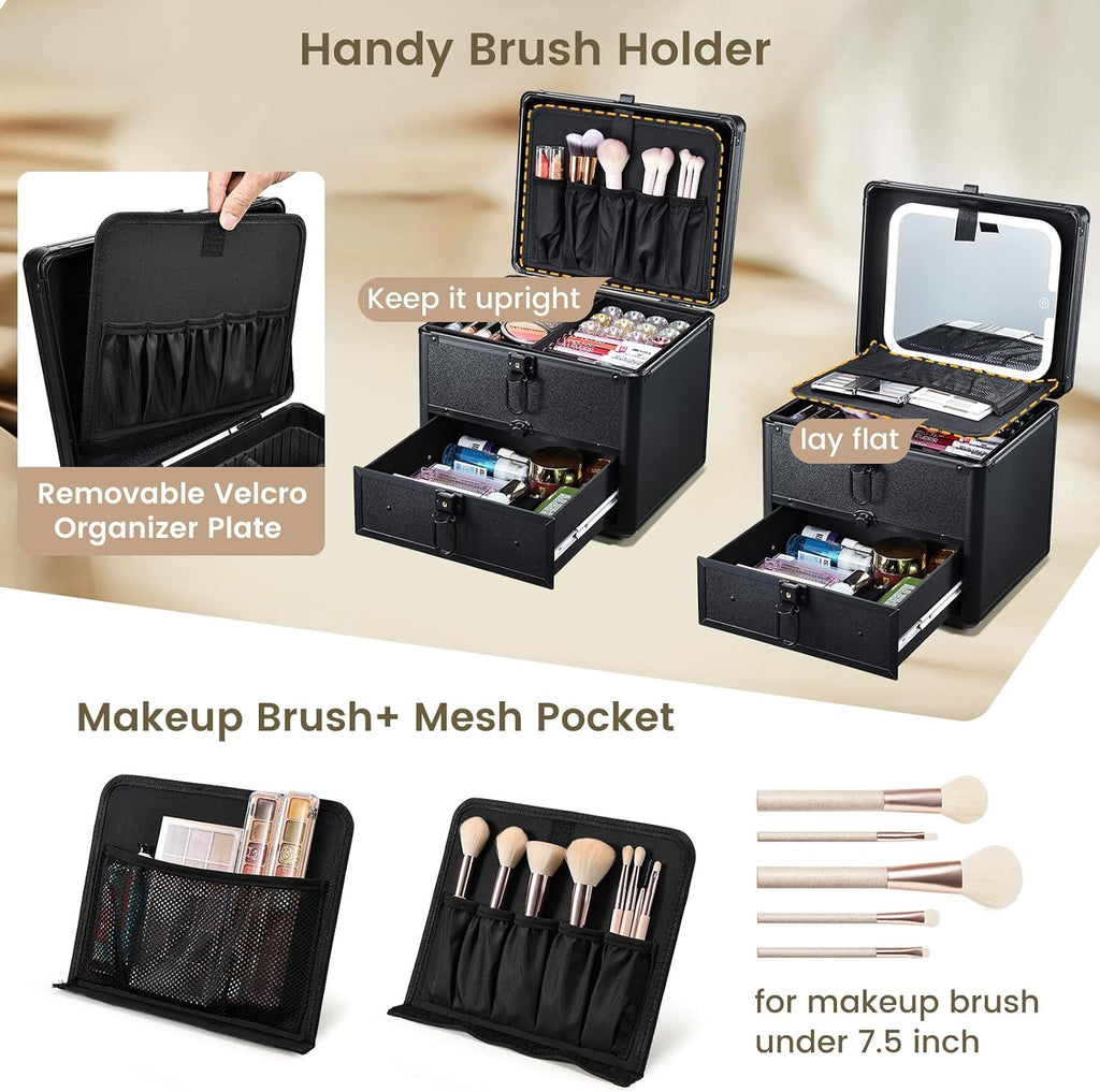 Makeup Case with Drawer, Detachable Lighted LED Mirror, Makeup Organizer Box Travel Make up Vanity Case Portable