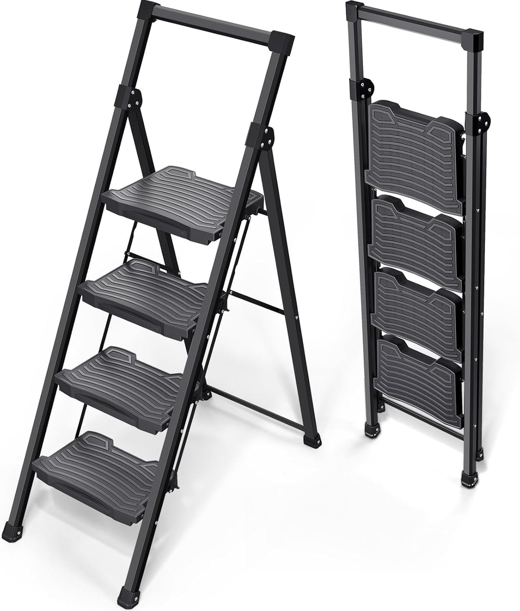 Step Ladder 4 Step Folding, 900lbs 4 Step Ladder with Anti-Slip Wide Pedal and Handrails, Lightwight Household