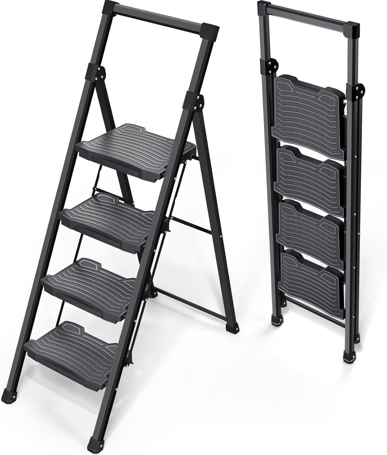 Step Ladder 4 Step Folding, 900lbs 4 Step Ladder with Anti-Slip Wide Pedal and Handrails, Lightwight Household