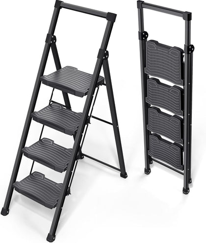 Step Ladder 4 Step Folding, 900lbs 4 Step Ladder with Anti-Slip Wide Pedal and Handrails, Lightwight Household