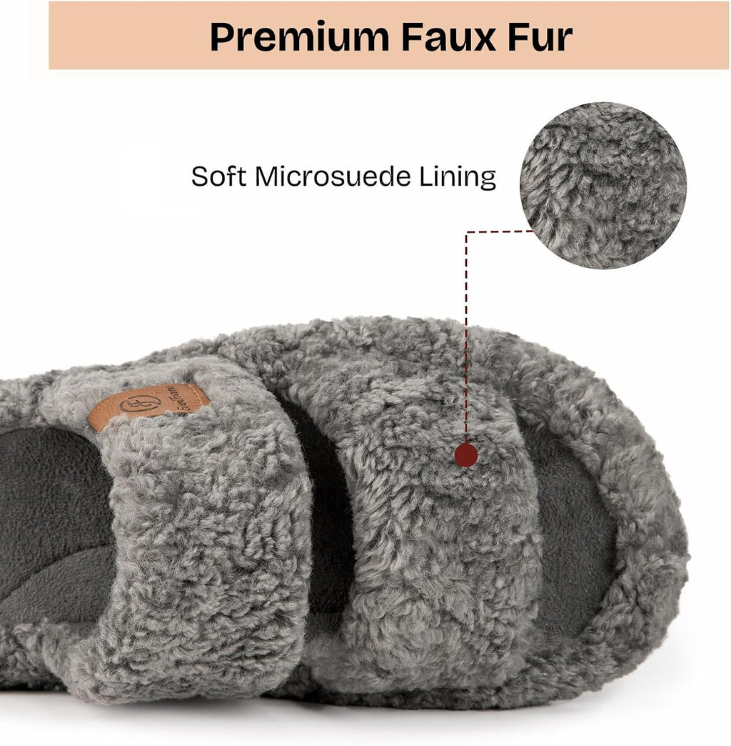 Womens Fuzzy Open-toe Slippers Memory Foam Indoor House Shoes | machine-washable,gifts,memory foam,anti-slip