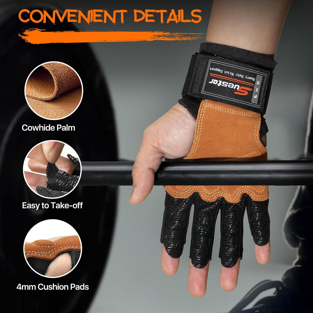 Workout Gloves, Heavy Duty Cowhide Padded Weight Lifting Gloves with Wrist Support, Full Palm Protection & Silicone