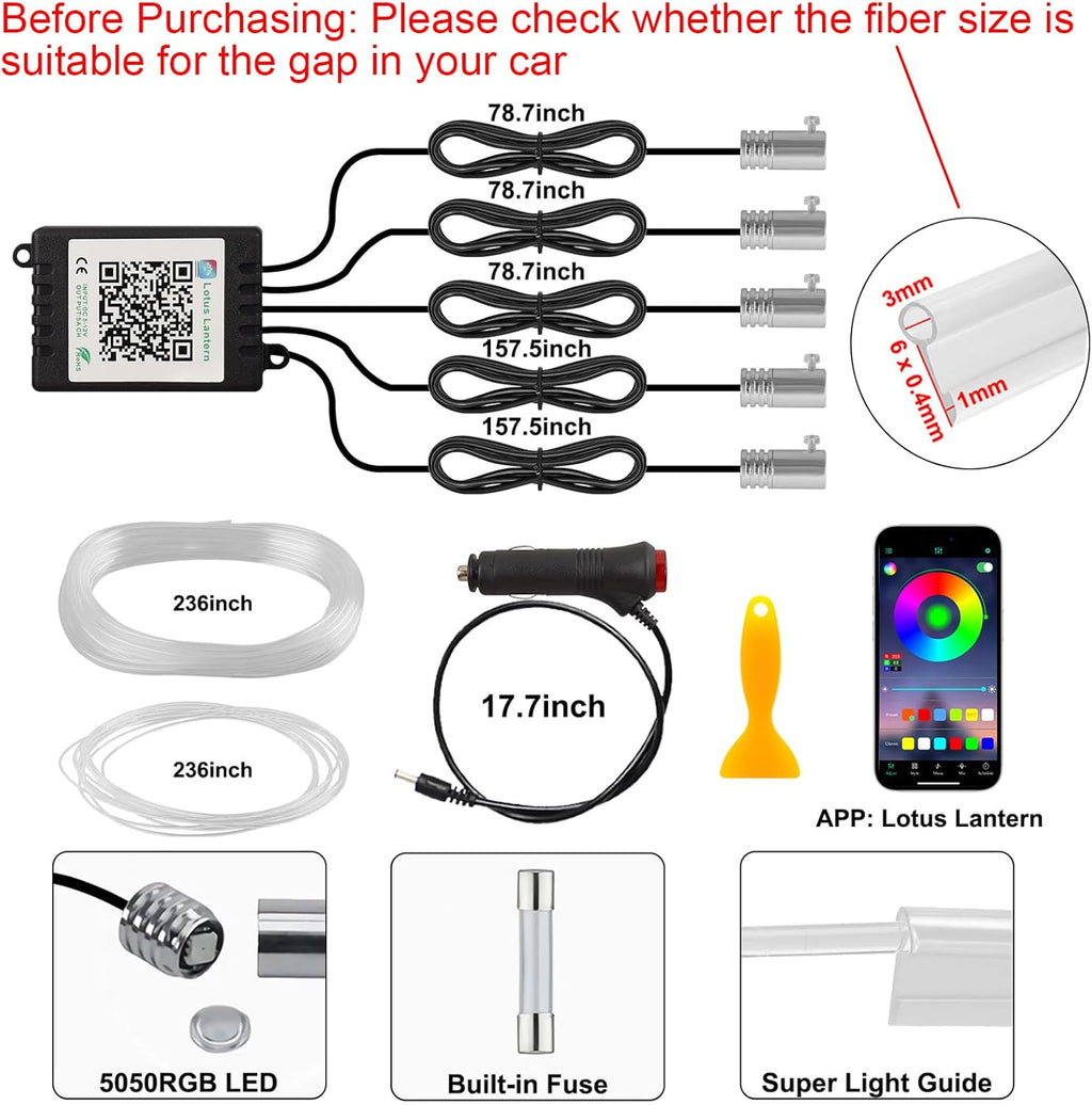 Interior Car LED Strip Lights APP Control, 5 in 1 RGB 16 Million Colors Ambient Lighting Kit with 236 inches Fiber