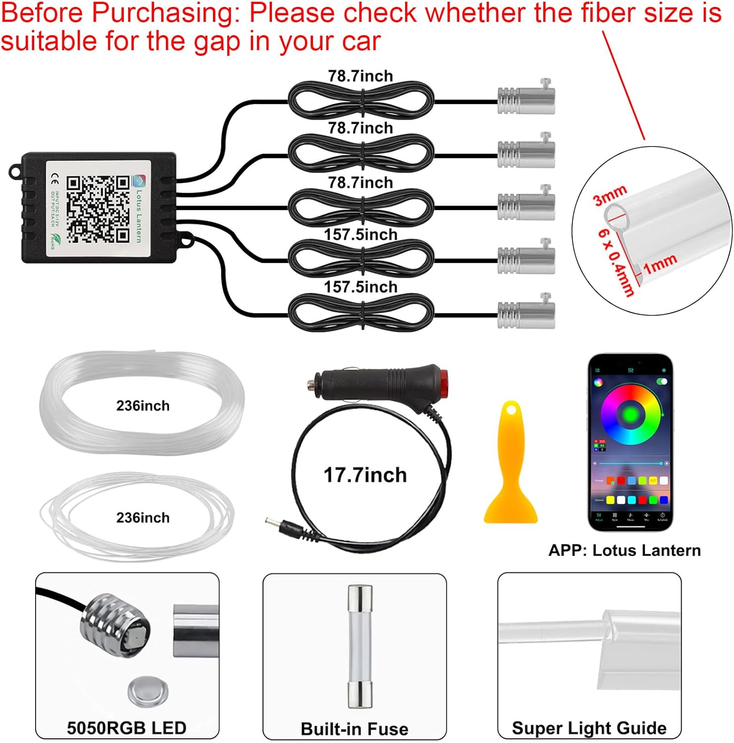 Interior Car LED Strip Lights APP Control, 5 in 1 RGB 16 Million Colors Ambient Lighting Kit with 236 inches Fiber