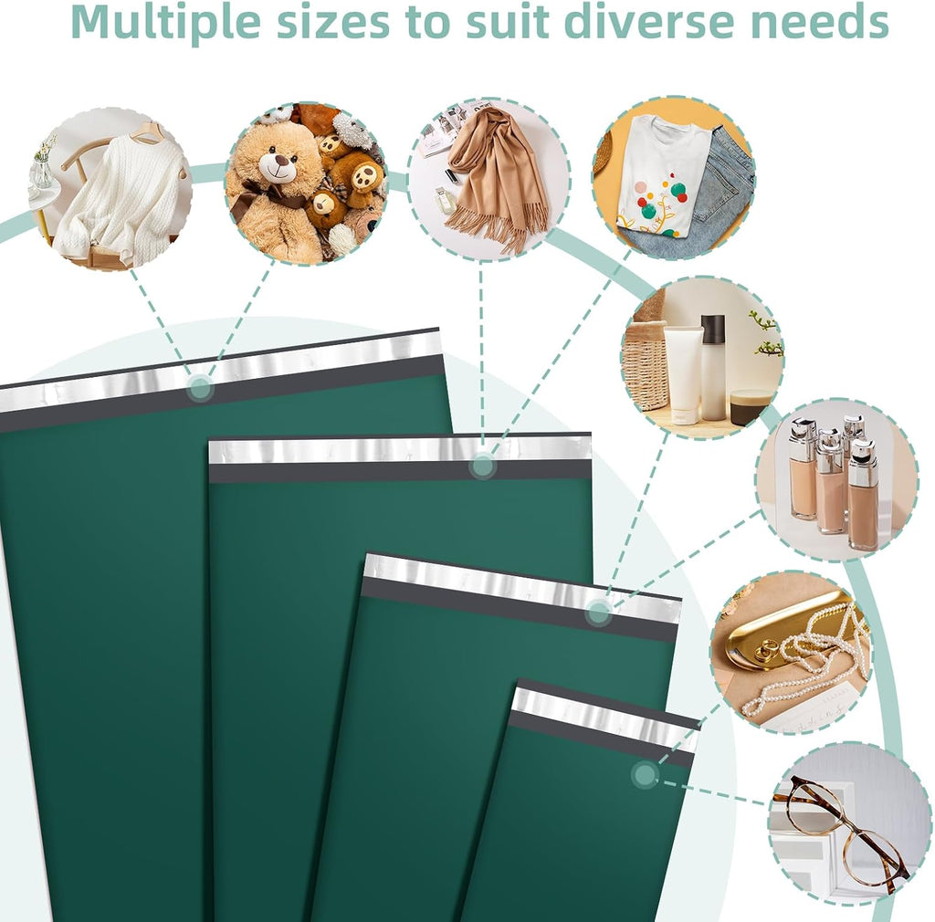 100 Pack Green Poly Mailers Variety Pack, 6x9&10x13&12x15.5&14.5x19