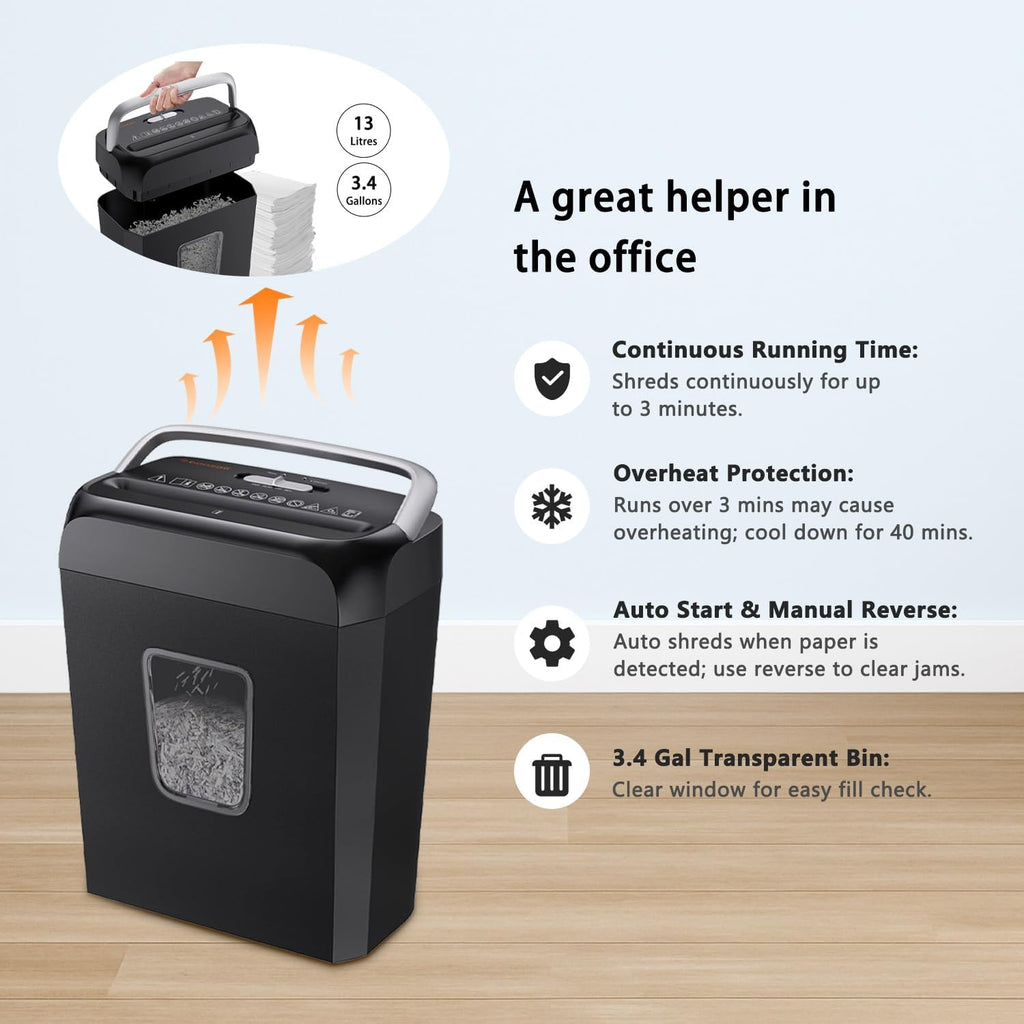 Paper Shredder for Home Office, 6-Sheet Cross-Cut, Shreds Paper, Credit Cards, Mail, Staples & Clips, 3.4-Gallon
