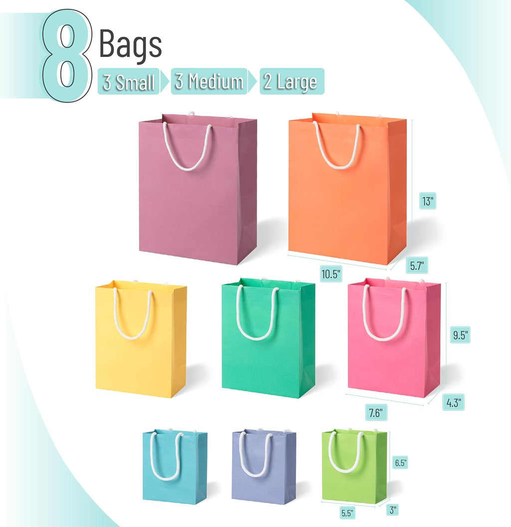 Paper Gift Bags with Handles, Assorted Sizes, 8 Pack