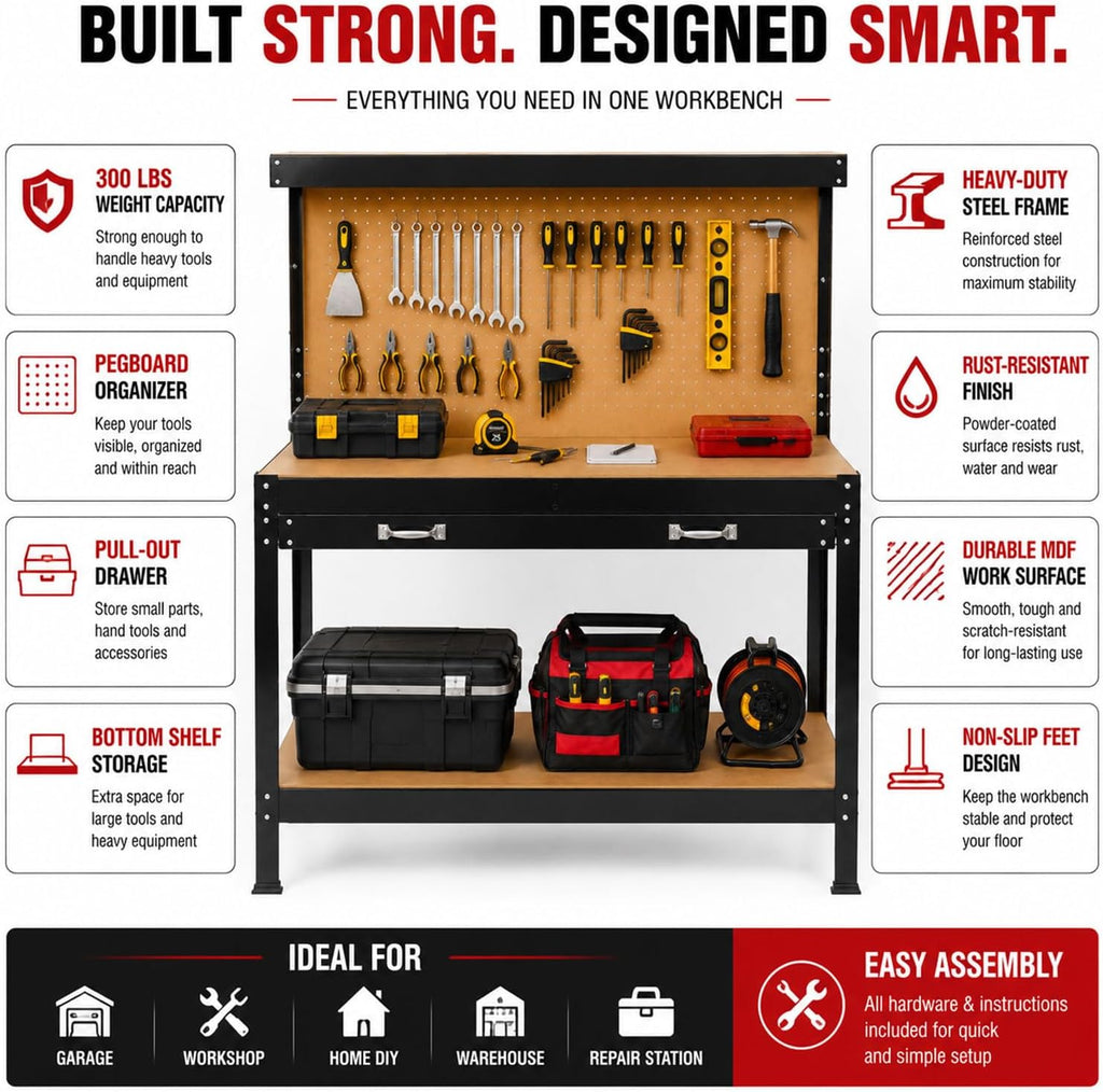 63" Heavy Duty Workbench with Peg Board, Drawer & Storage Shelf, Steel Workshop Tool Table with MDF Top for Garage