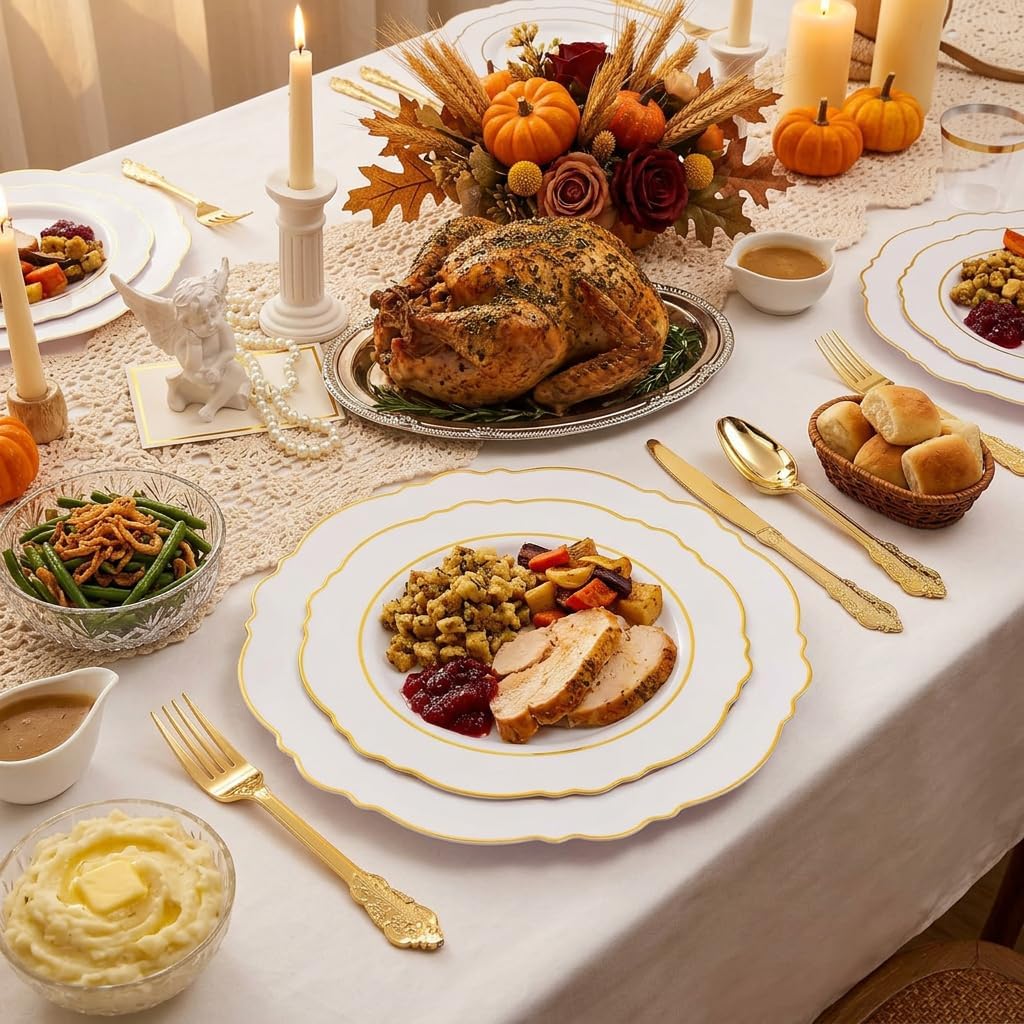 350PCS Gold Plastic Plates-Disposable White and Gold Plates Baroque Plastic Dinnerware include 100Plates, 50Pack Pre