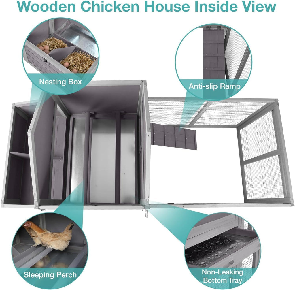 Chicken Coop for 2-4 Chickens,Outdoor Chicken House with Wheels, Nesting Box, Leakproof Pull-on Tray and UV-Resistant