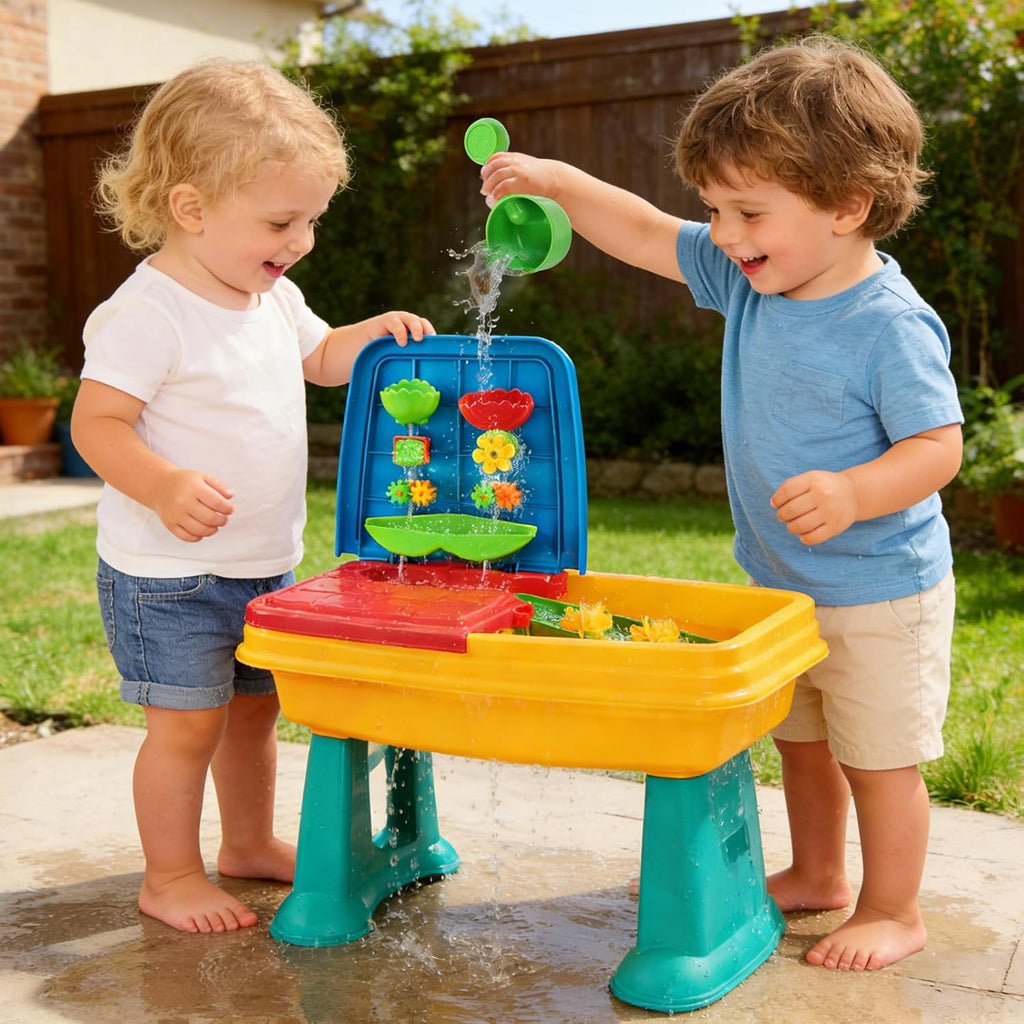 Kids Sand and Water Table, 2 in 1 Toddler Activity Table with Water Wheel & Sand Tools, Outdoor Indoor Sensory Play