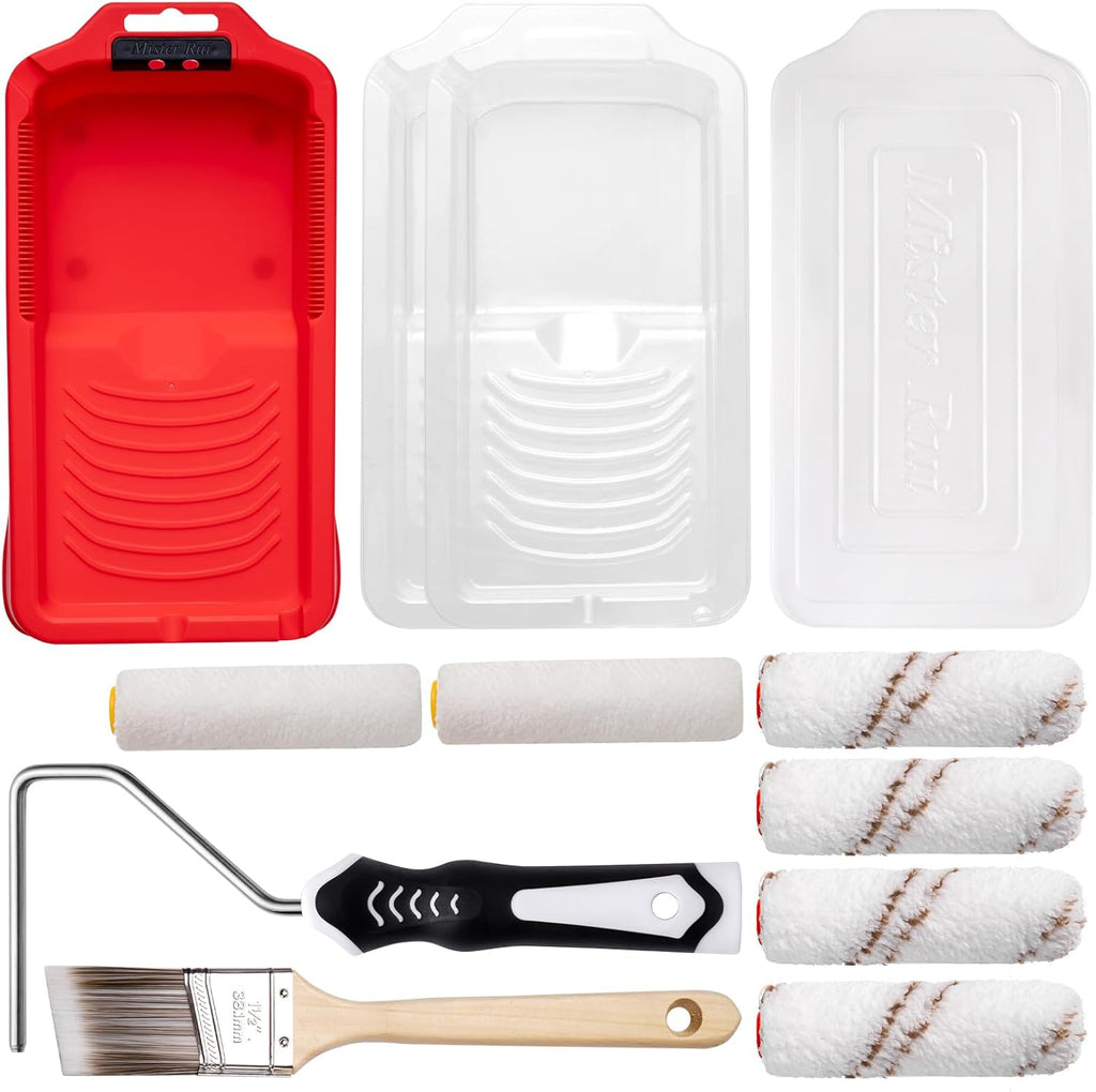 4 Inch Paint Roller Kit, 12-Piece Mini Roller Set with 6 Microfiber Sleeves, Tray, Liner & Cover, Handle, 1.5" Angled