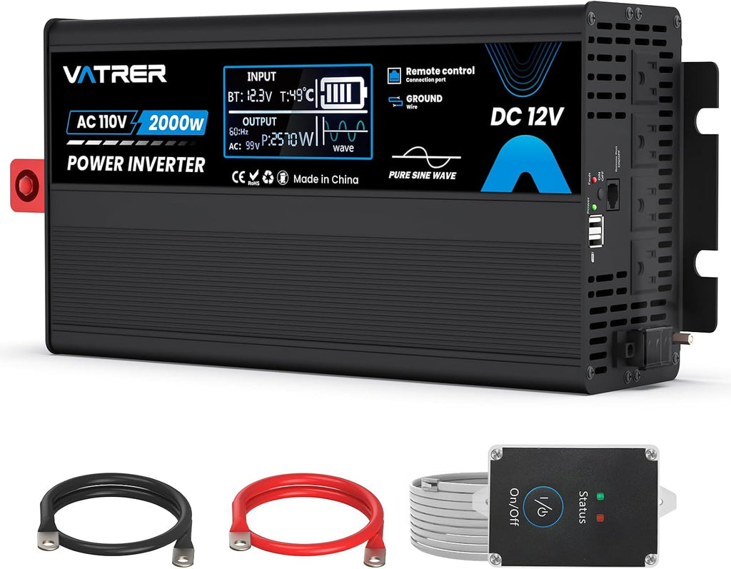2000 Watt Pure Sine Wave Inverter 12V DC to 110V/120V AC Power Inverter | with LCD Screen, AC Outlets&USB Ports
