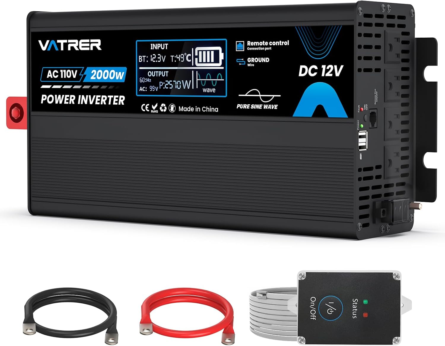 2000 Watt Pure Sine Wave Inverter 12V DC to 110V/120V AC Power Inverter | with LCD Screen, AC Outlets&USB Ports