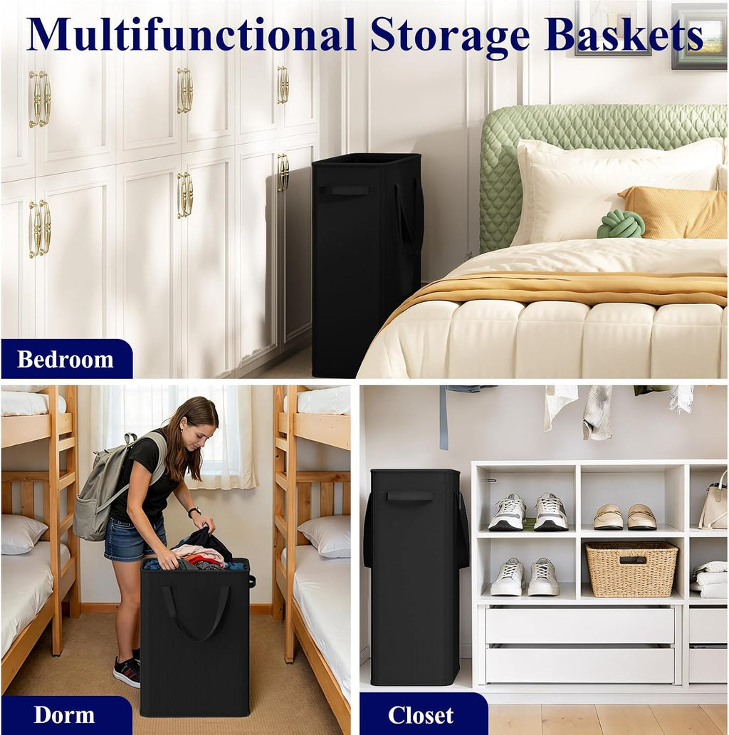 50L Slim Laundry Hamper, Small Laundry Basket With Handles, Black Narrow Laundry Basket for Dorm, Bedroom, Living