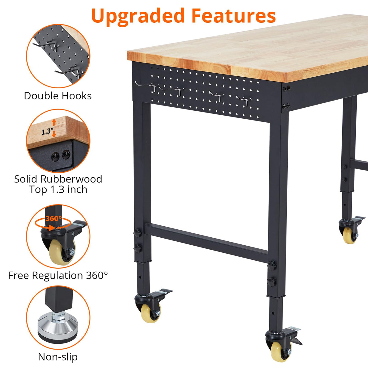 48"x 24" Workbench for Garage, Rolling Heavy-Duty Worktable with Power Outlet and Lockable Wheels, Adjustable Height