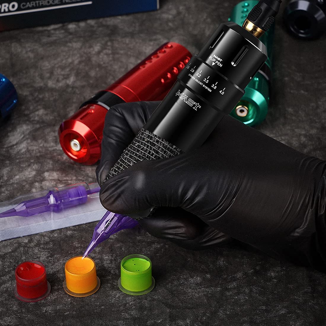 Flip Corded & Cordless Tattoo Gun Kit Rotary Tattoo Machine with 6 Strokes 2.6-4.0mm 2 Batteries 10 Needles Complete