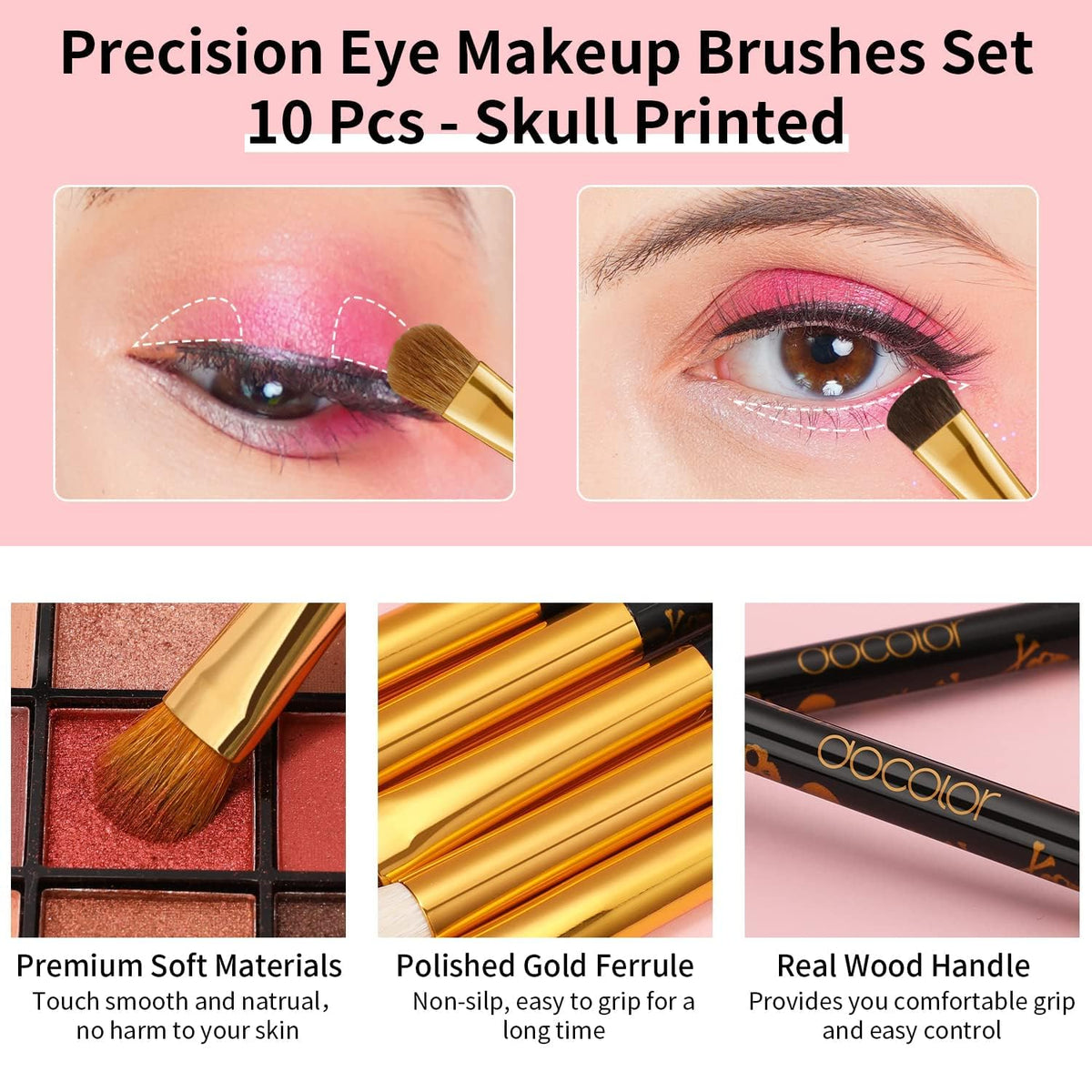 Eye Makeup Brushes 10Pcs Skull Printed Eyeshadow Makeup Brush Set Blending Concealer Eyebrow Eye Liners Premium