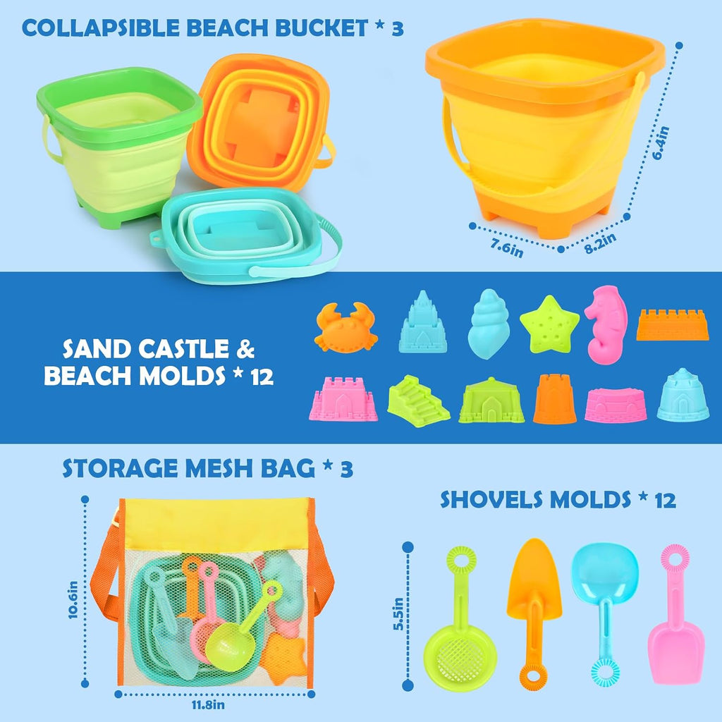 Beach Toys for Kids Toddlers, 3 Collapsible Sand Buckets and Shovels Set | Collapsible Sand Toys with 3 Pack Foldable