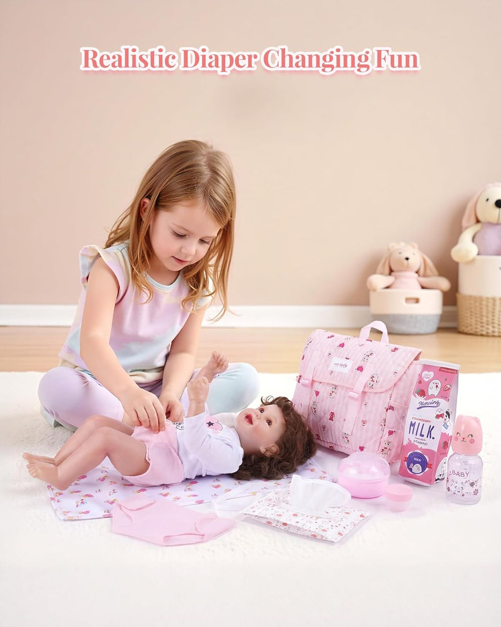 9 Pcs Reborn Baby Doll Accessories for 17-22 Inch Reborn Dolls, Diaper Bag Set with 2 Diapers, Changing Pad, Bottle