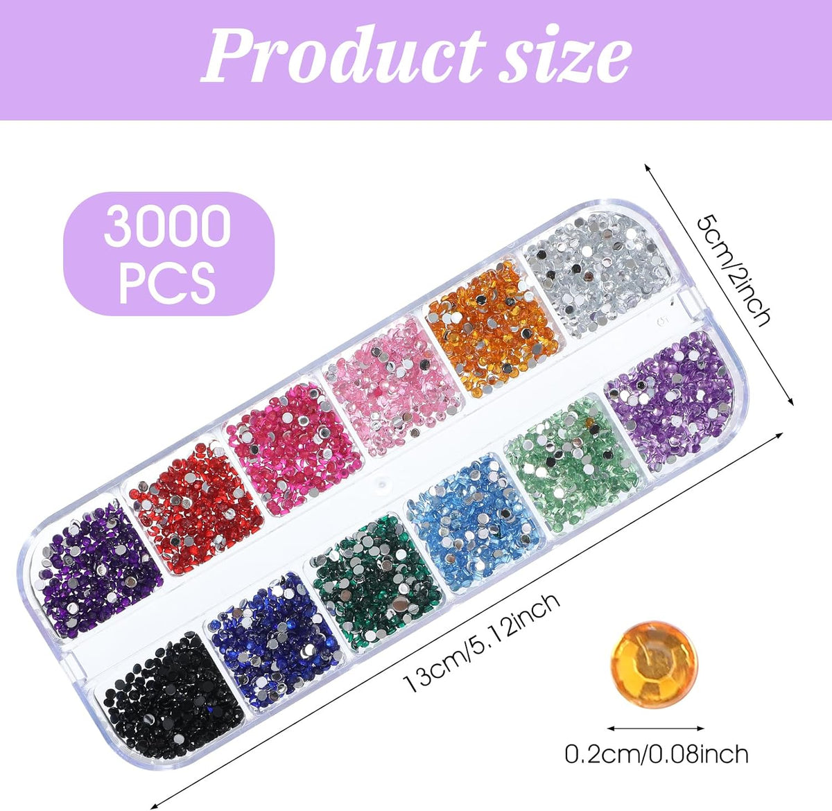 3000PCS Nail Gems and Rhinestones, Multicolor 2mm Gemstones for Nails, Flat Back Rhinestone Nail Charms for Nailart