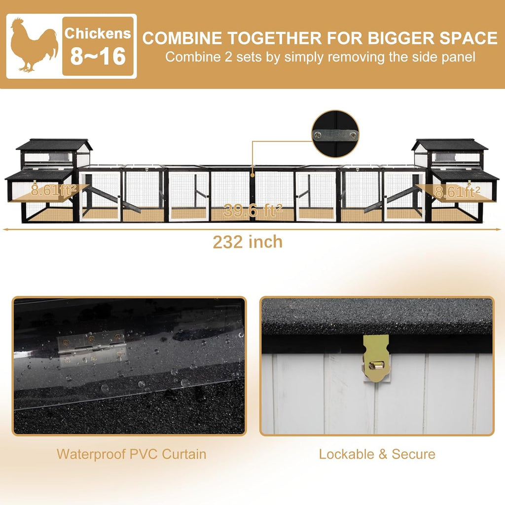116" Large Outdoor Chicken Coop with Run & 4 Nesting Boxes