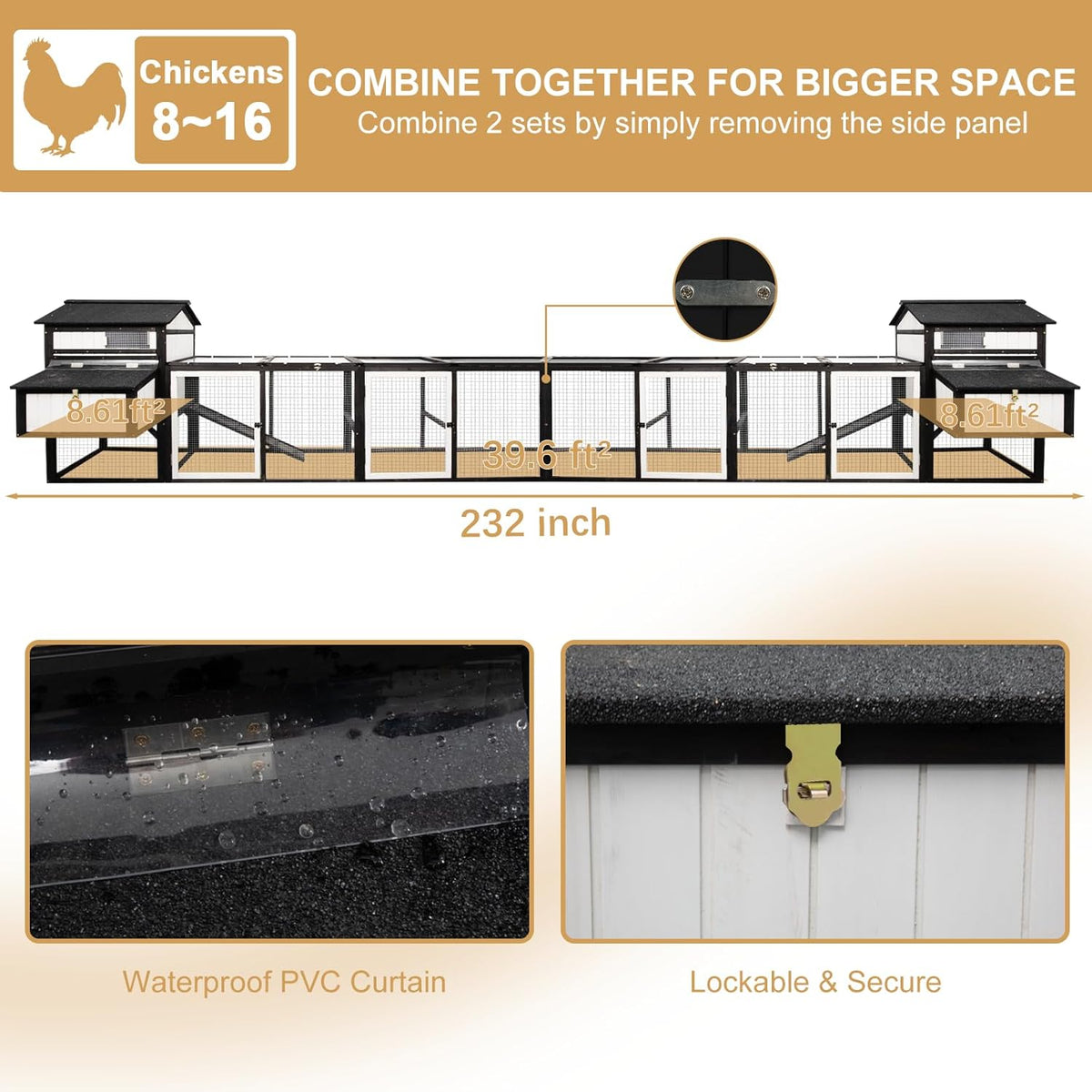 116" Large Outdoor Chicken Coop with Run & 4 Nesting Boxes