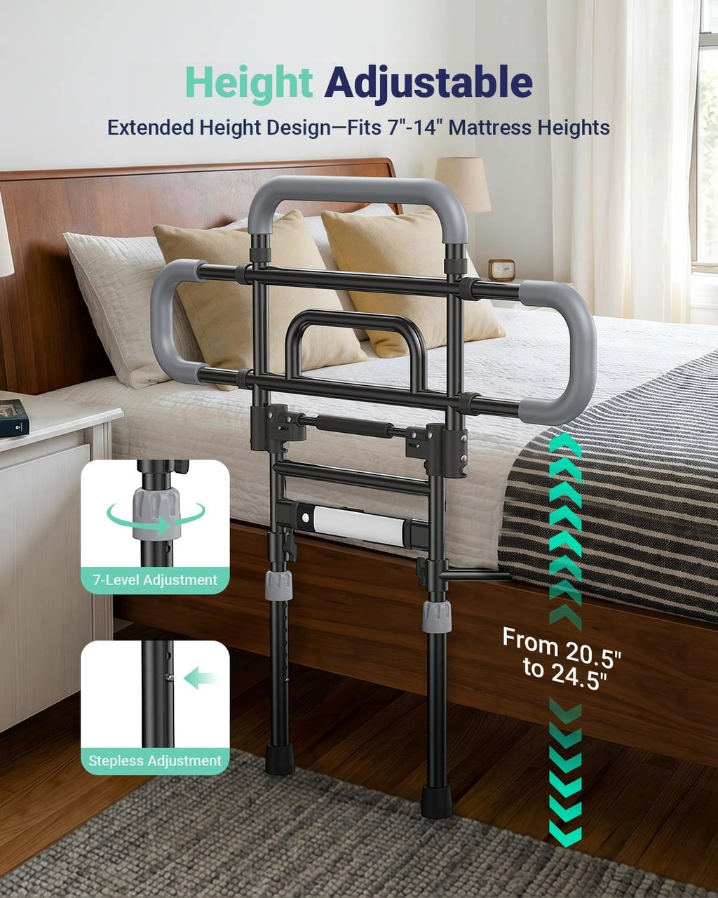 Bed Rails for Elderly Adults Safety, 180° Foldable Bed Rail with Adjustable Height & Width, 350lb Load, Extra-High
