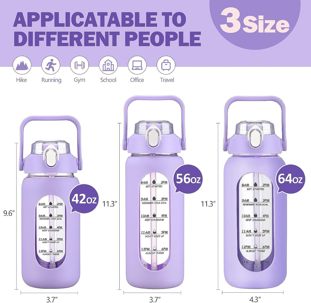 64oz Glass Water Bottles with Straw, Half Gallon Motivational Glass Bottle with Silicone Sleeve and Time Marker, 2L