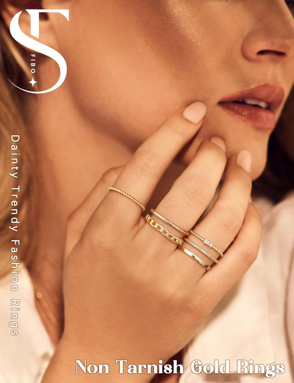 6PCS Stackable Rings for Women Non Tarnish Waterproof Gold Plated Silver Color Square Cubic Zirconia Ring Set Dainty