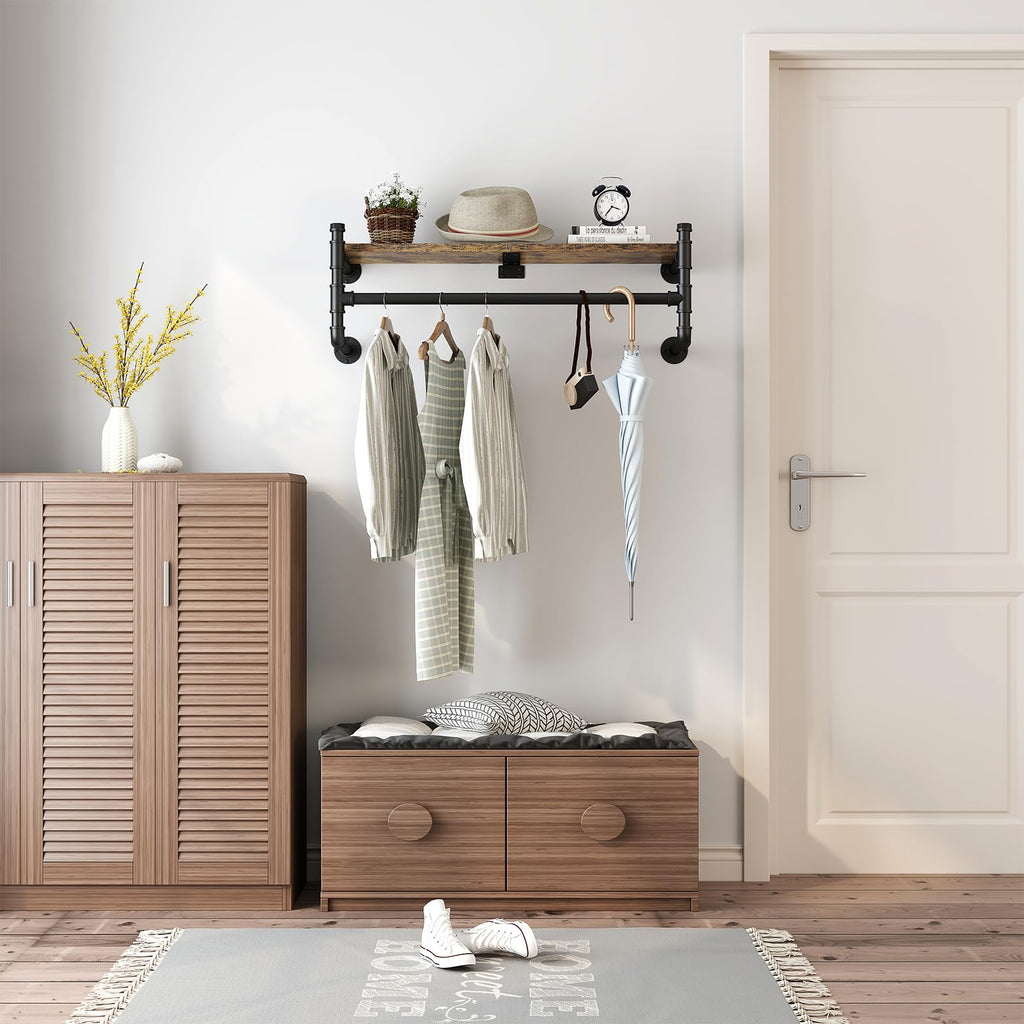 Industrial Pipe Clothing Rack,Wall Mounted Clothes Rack with Shelf