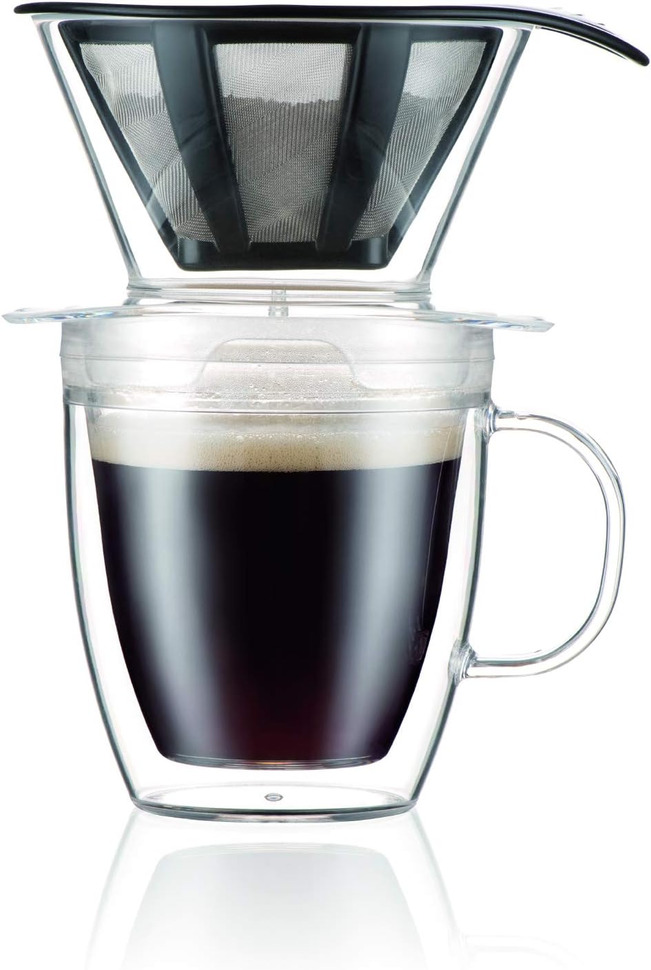 12oz Pour Over Coffee Dripper Set w/Double Wall Mug and Reusable Permanent Filter, Plastic, BPA-Free, Clear