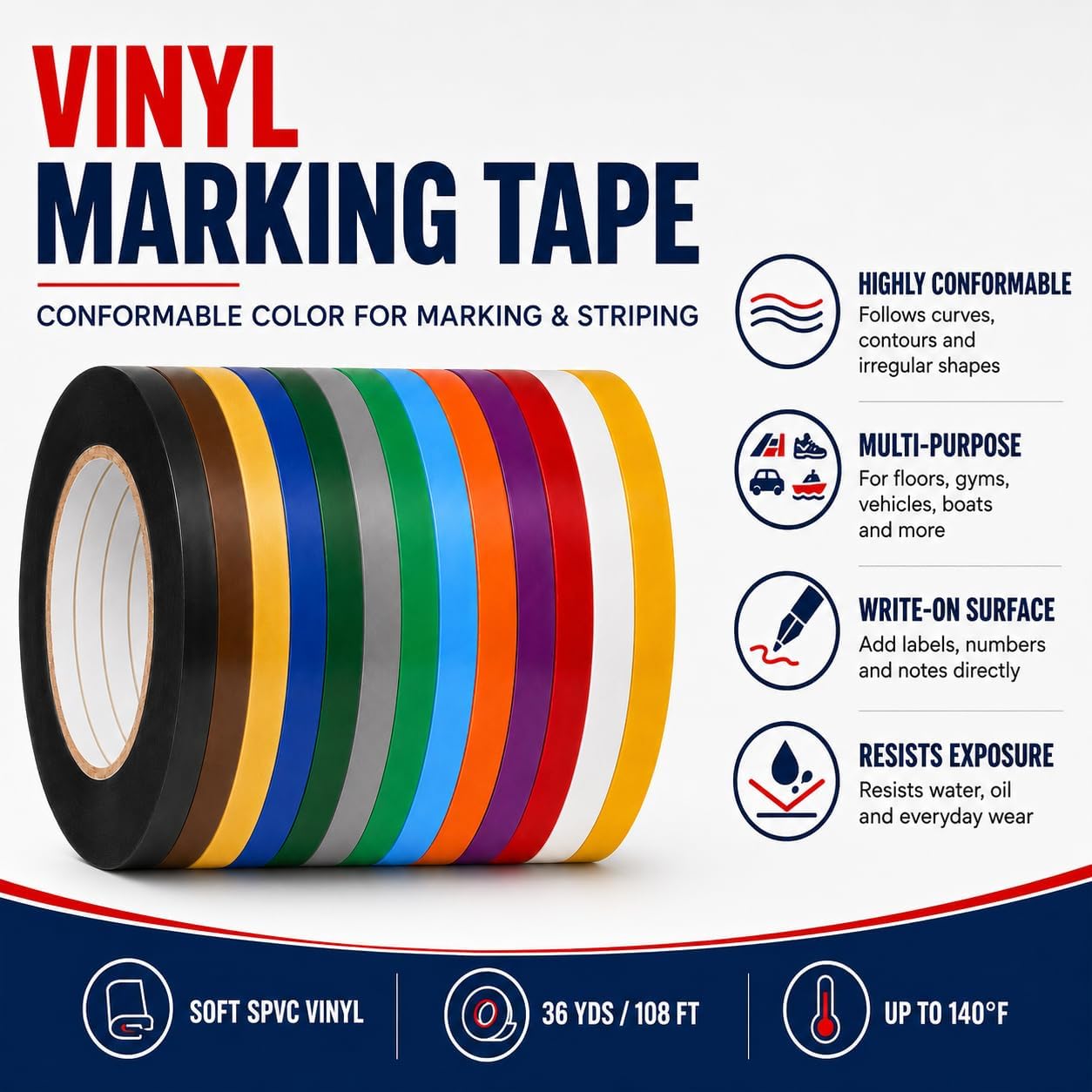 CVT-536 Yellow Vinyl Floor Marking Tape, 1/2 x 36 Yards | Dance Floor Tape; Gym Lane Marking; Vehicle and Boat