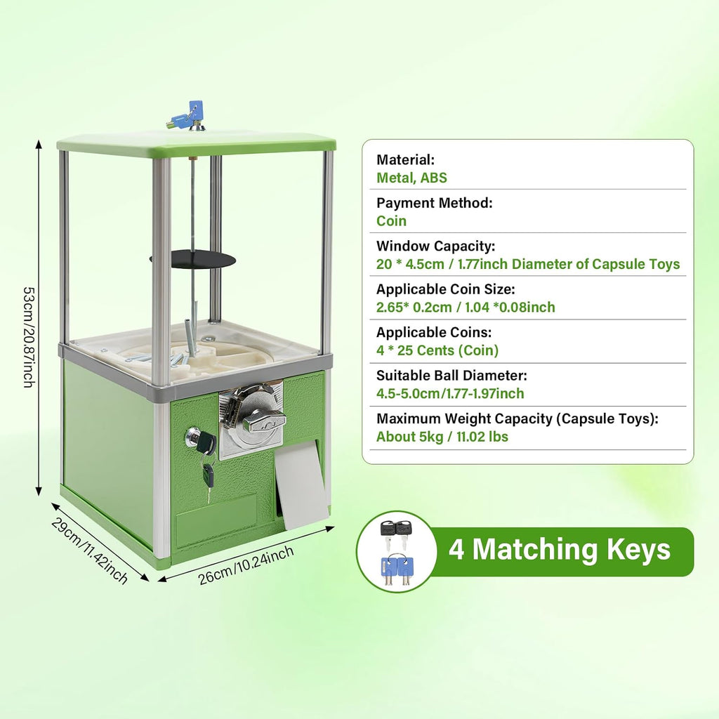 Big Commercial Capsule Vending Machine, 4 25 Cent Coins Per Side Operated Gumball Bank Machine, Gumball Dispenser