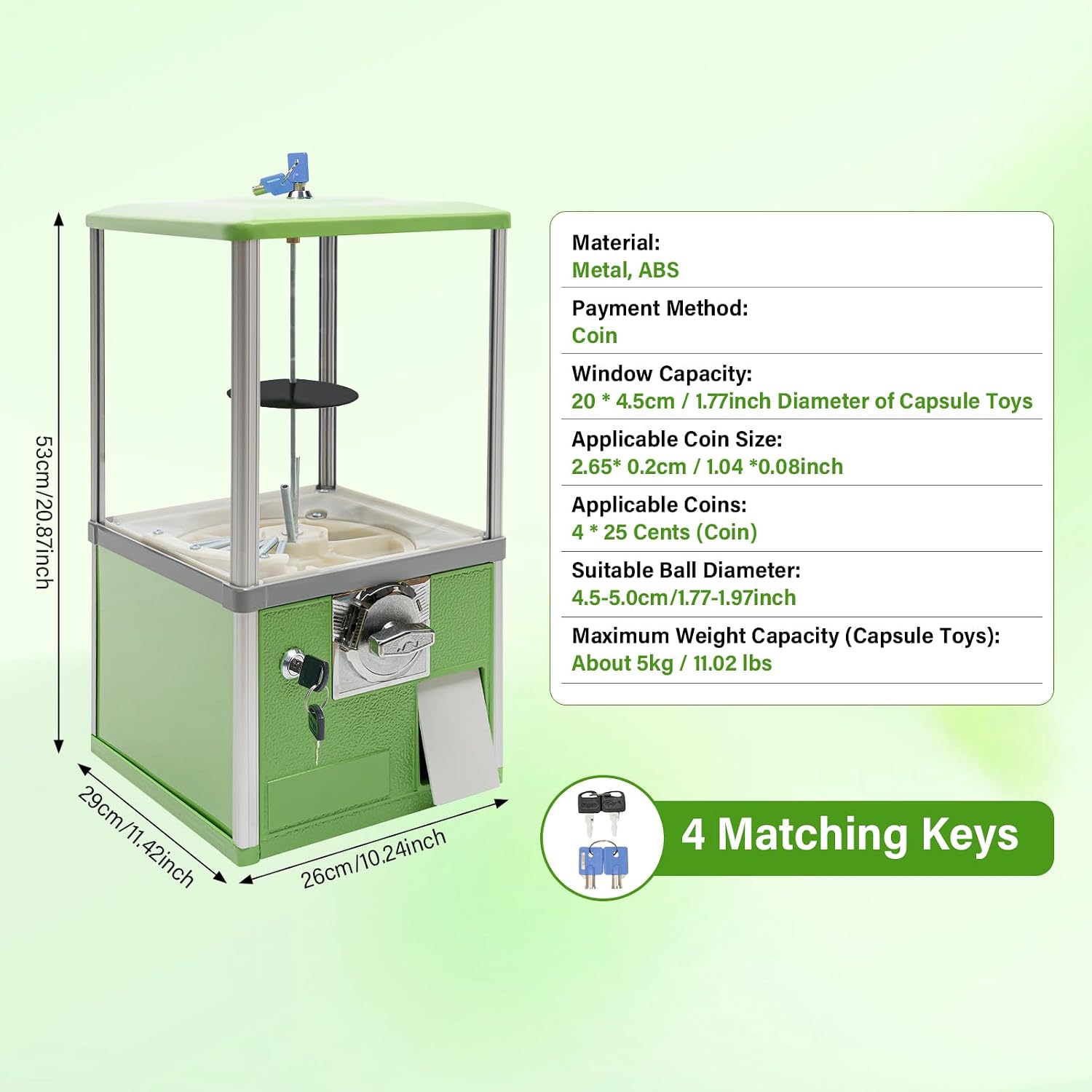 Big Commercial Capsule Vending Machine, 4 25 Cent Coins Per Side Operated Gumball Bank Machine, Gumball Dispenser