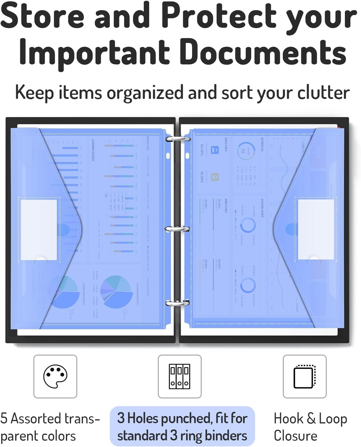 Binder Pocket, 5 Pack Super Heavyweight Poly Binder Pocket Binder | Tight Closure Binder Folders Side Loading, 3