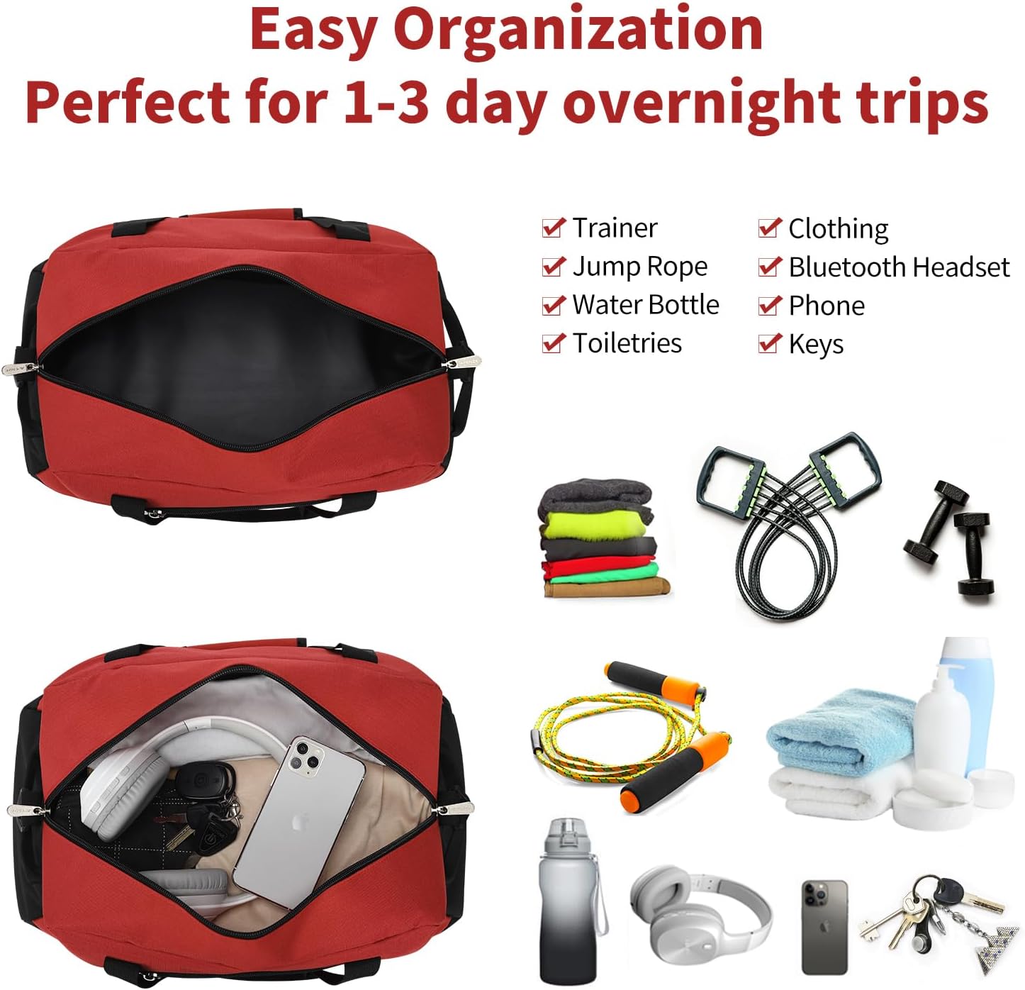 Small Gym Bag 18 inch Carry On Duffel Bag for Weekender Travel - Red