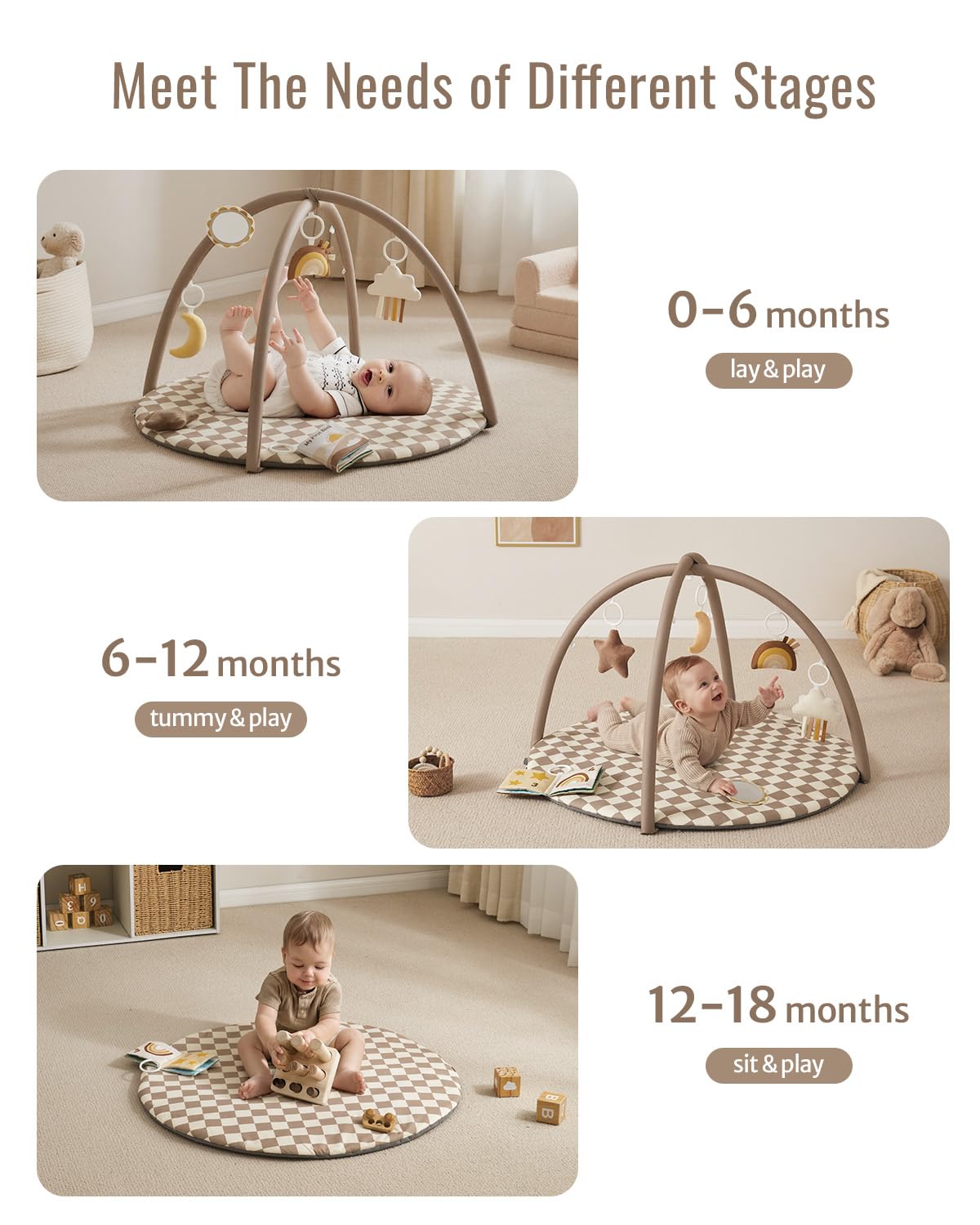Baby Play Gym Mat, Play Mat Activity Mat with 6 Detachable Toys for Stage-Based Sensory & Motor Skill Development