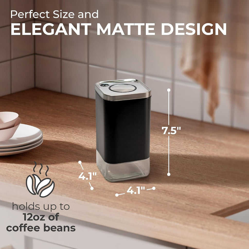 Kaffe Glass Coffee Canister (12oz) w/Airtight Lid - Click to Release Seal - BPA Free Glass & Stainless Steel